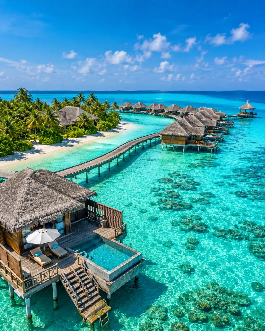 Maldives overwater villas and turquoise water