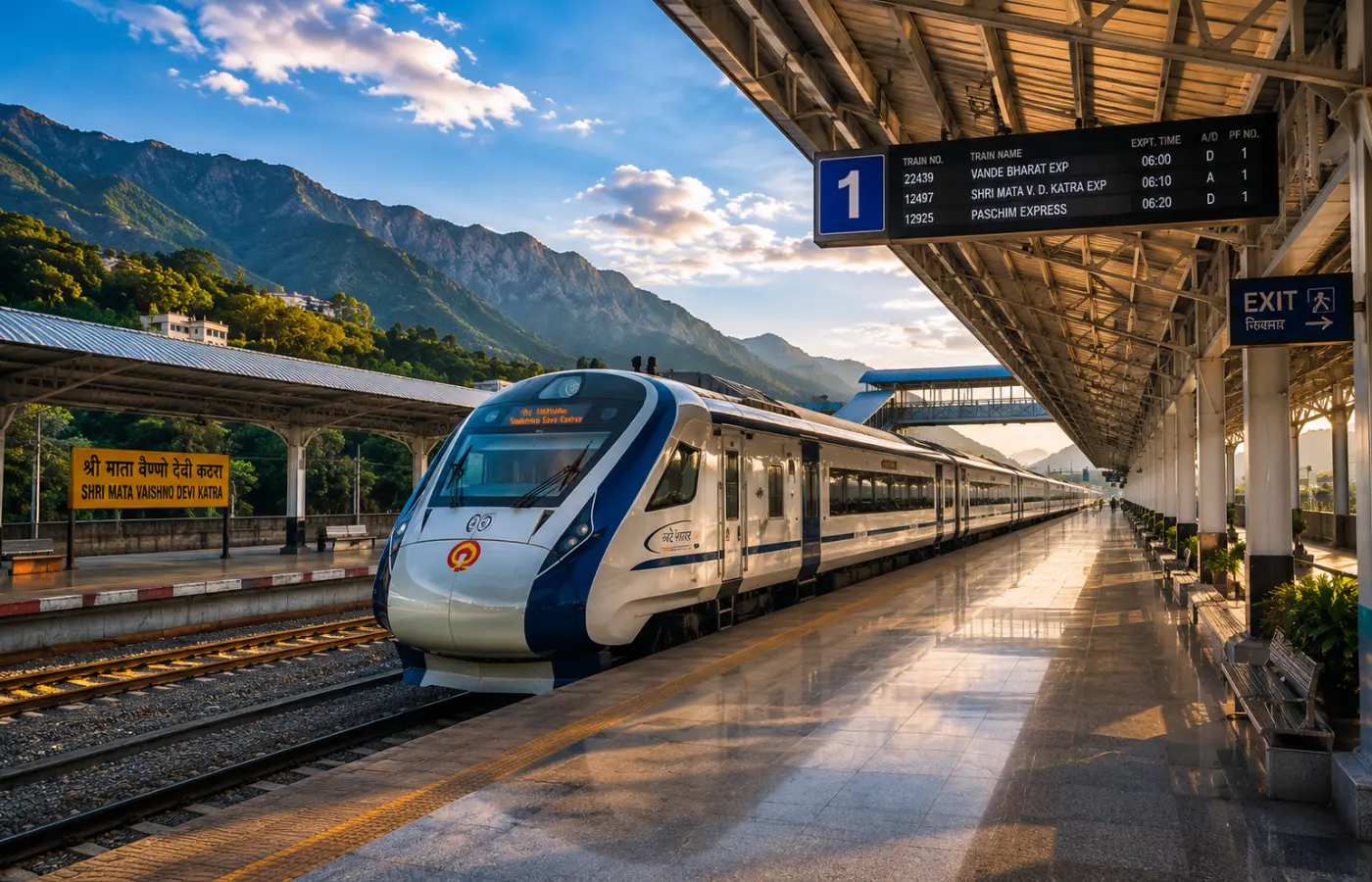 Modern railway station with train