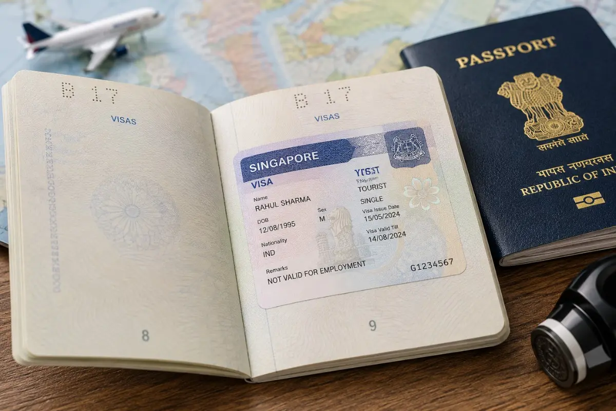 Passport open showing a sticker visa on a page