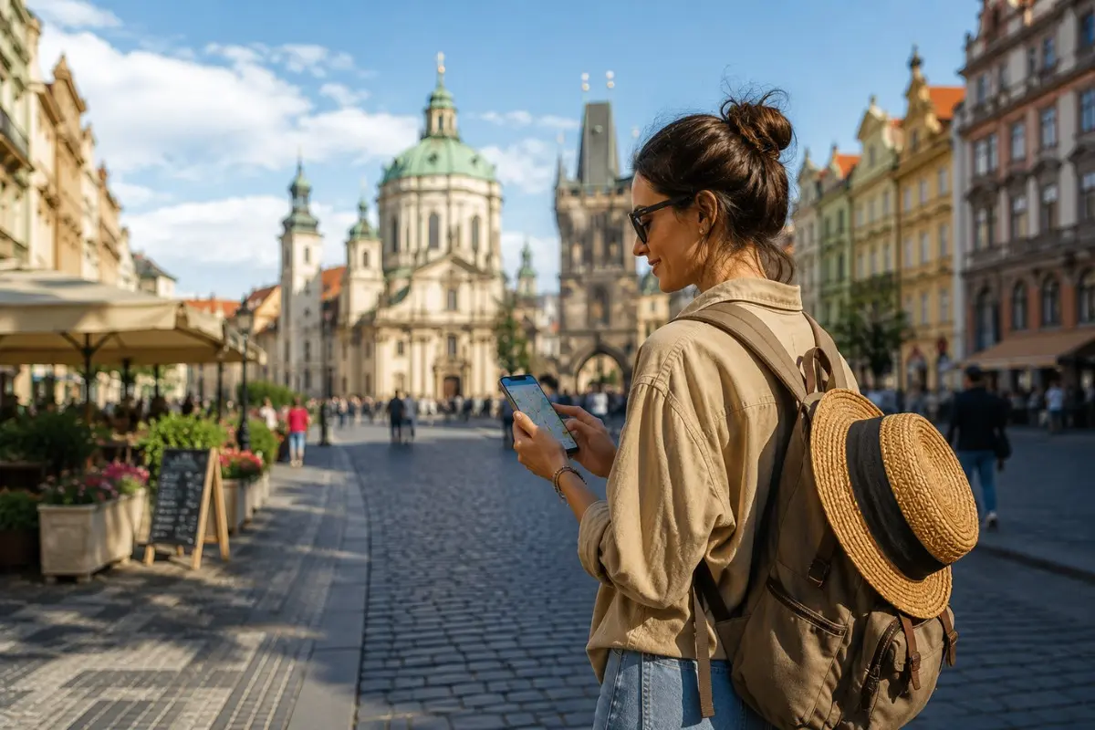 Solo traveler using phone in city