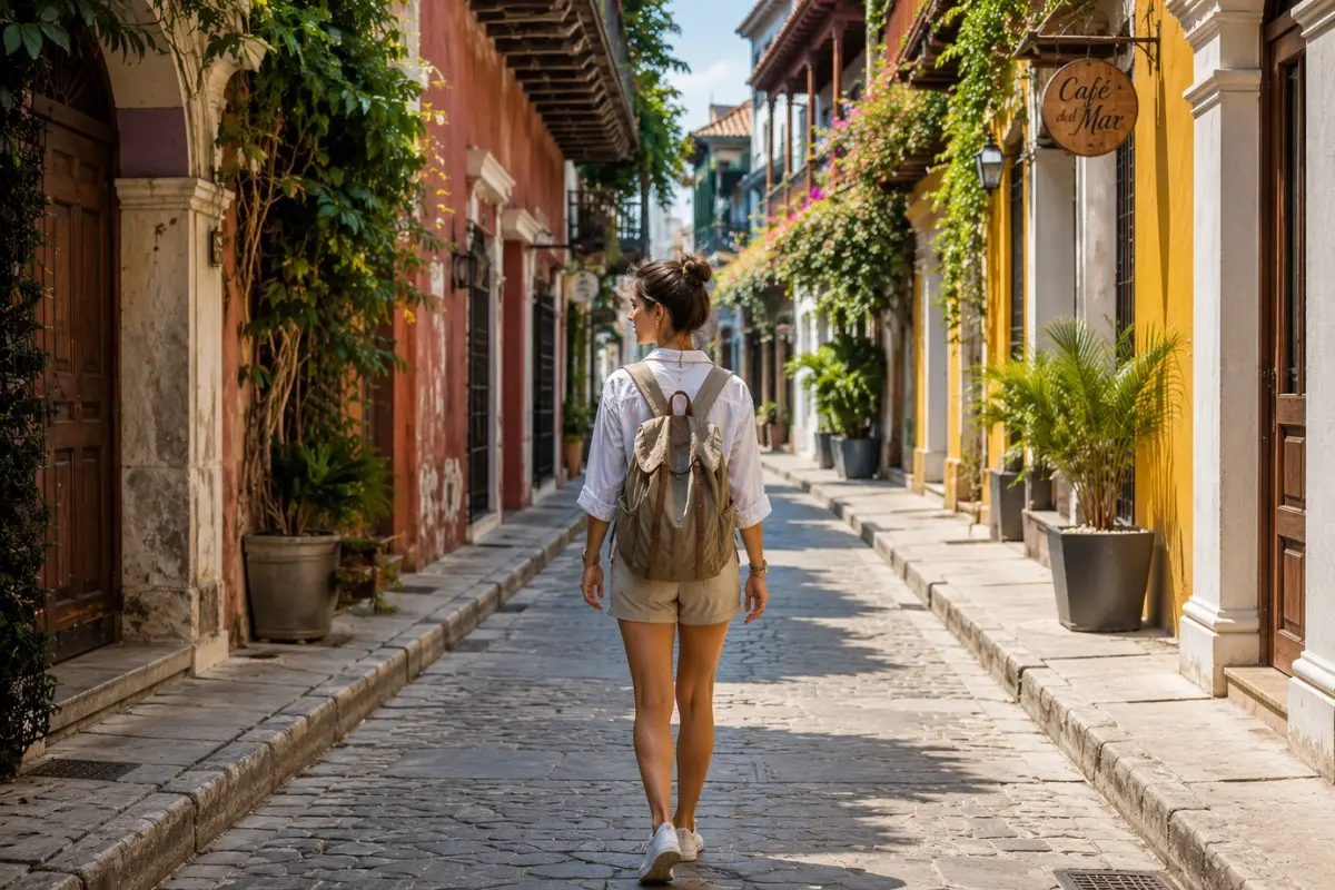 Solo traveler walking casually down local street