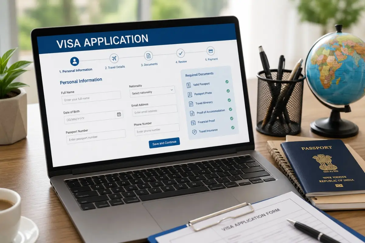 Visa application on a laptop screen with passport next to it