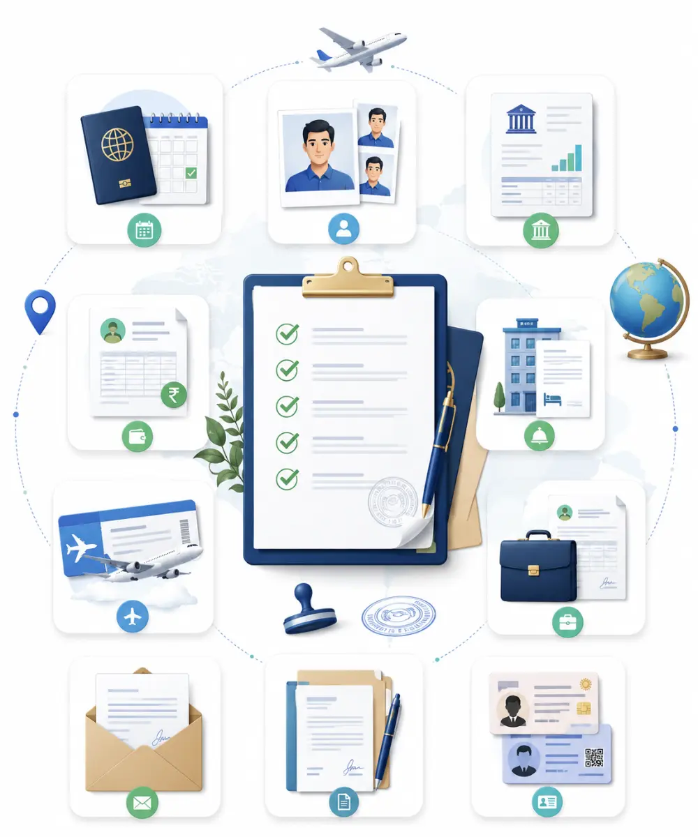 Visa documents on office desk